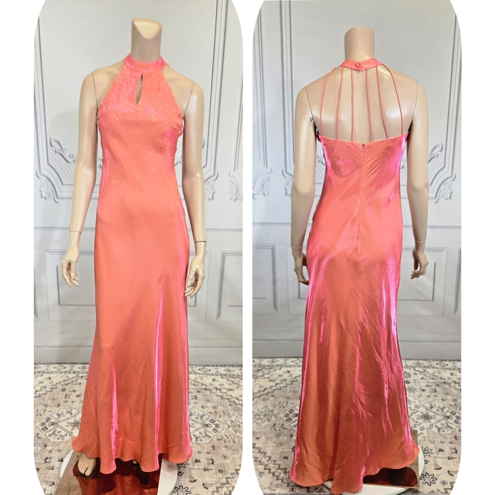 De Laru Vintage 90s Y2K Orange Strappy Beaded Prom Party Formal Dress sz 7/8